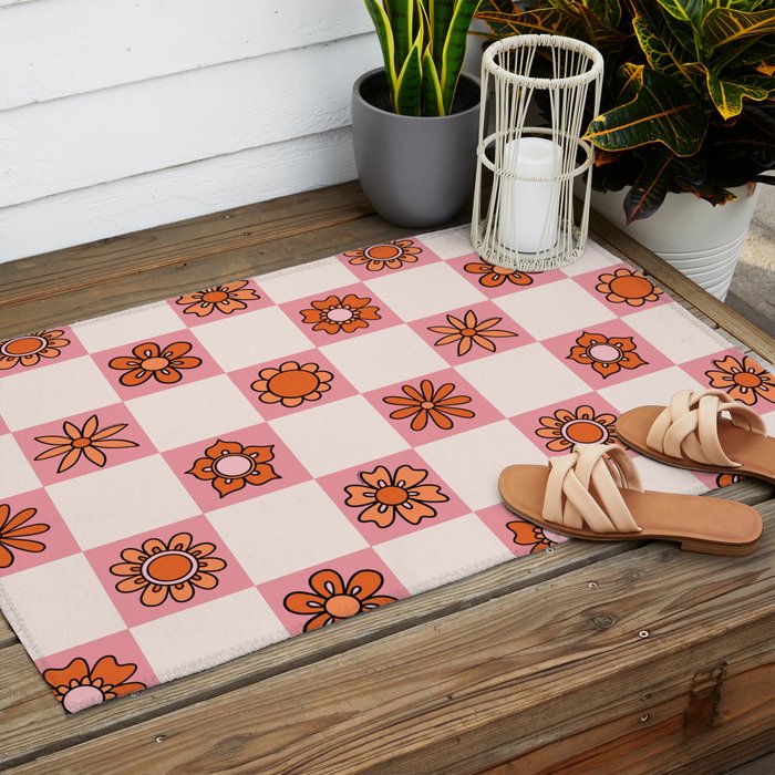 Fall Flower Print in Pink Outdoor Rug Gallery Image 2