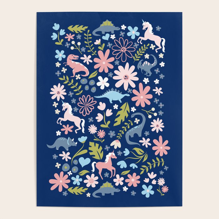Dinosaur + Unicorn on Royal Blue Poster Gallery Image 4
