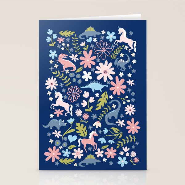 Dinosaur + Unicorn on Royal Blue Stationery Card Gallery Image 1