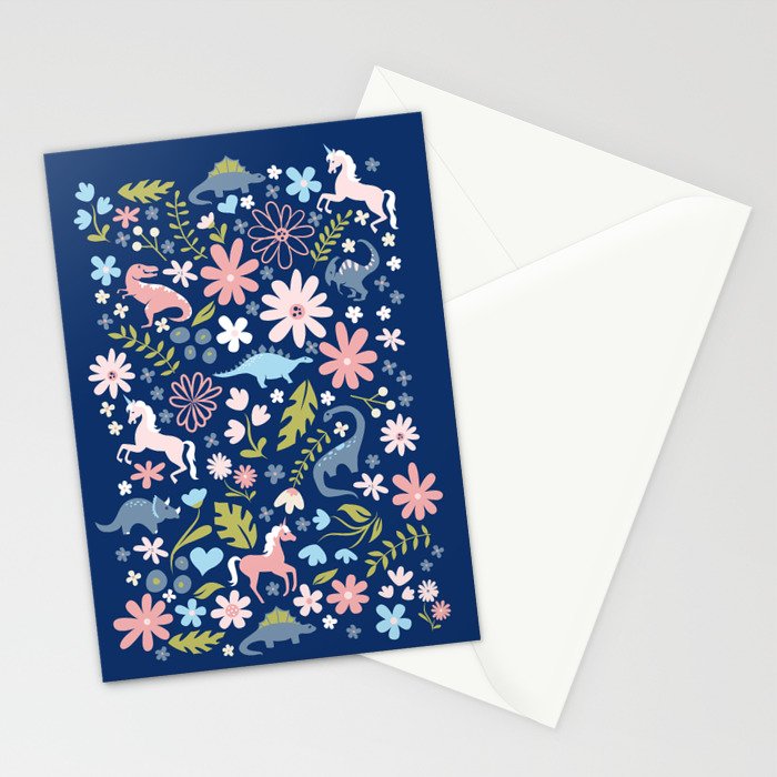 Dinosaur + Unicorn on Royal Blue Stationery Card Gallery Image 2