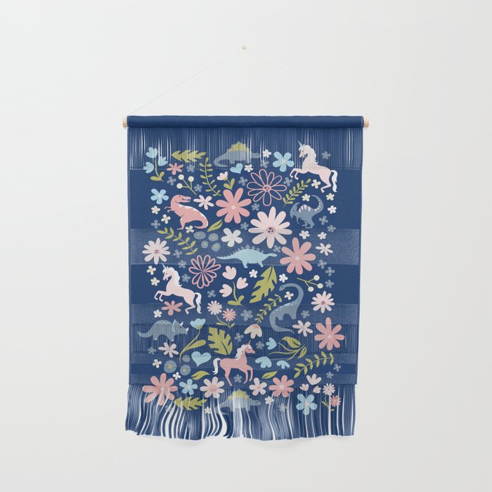 Dinosaur + Unicorn on Royal Blue Wall Hanging Gallery Image 1