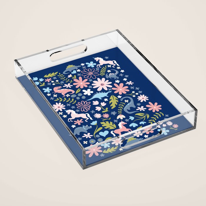 Dinosaur + Unicorn on Royal Blue Acrylic Tray Gallery Image 1