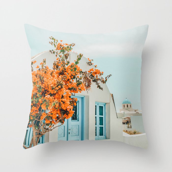 Greece Airbnb, Greece Photography Travel Digital Art, Scenic Landscape Architecture, White Building Throw Pillow Gallery Image 6
