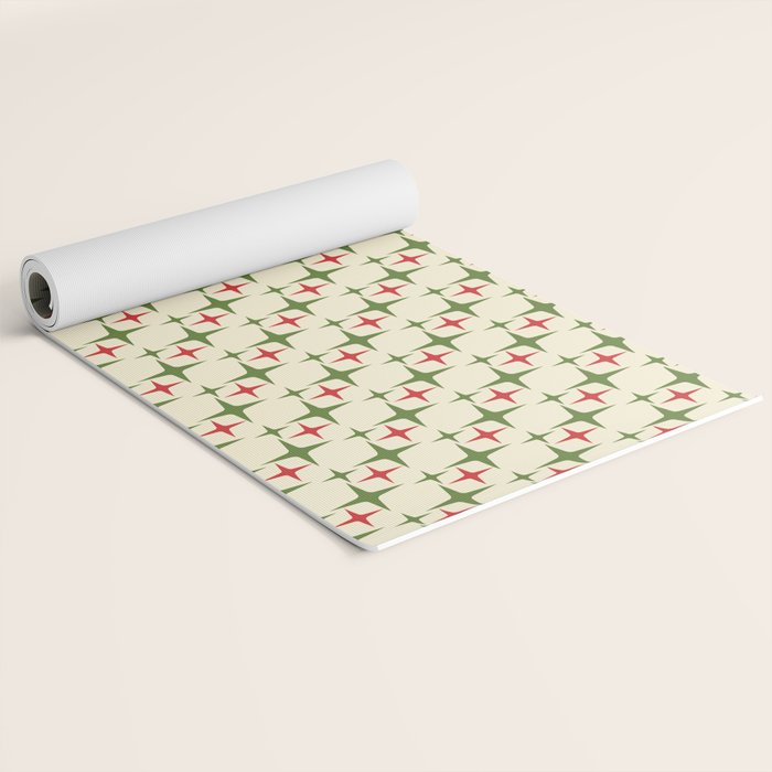 Atomic Christmas Mid Century Modern Stars Retro Xmas Red Green and Cream Pattern Yoga Mat Gallery Image 2