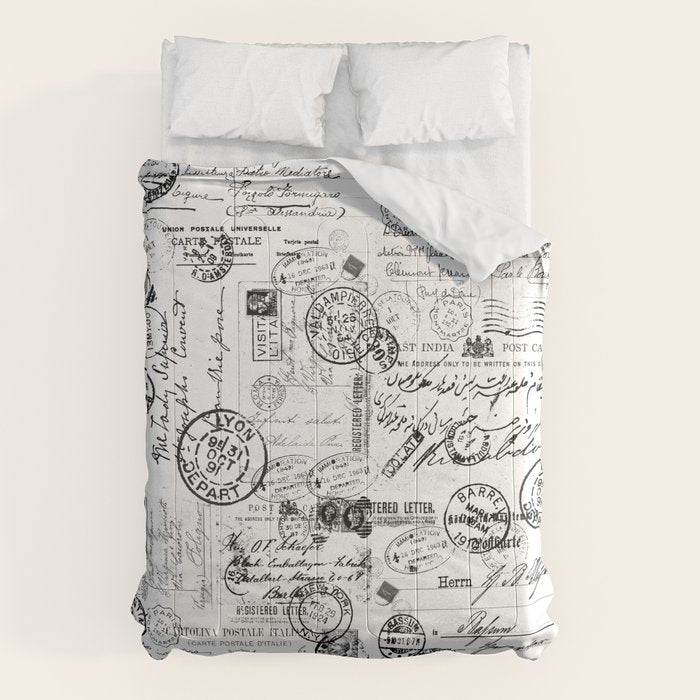 Nostalgic Message Charming Vintage Letters And Postcards Black White Pattern Comforter Gallery Image 6