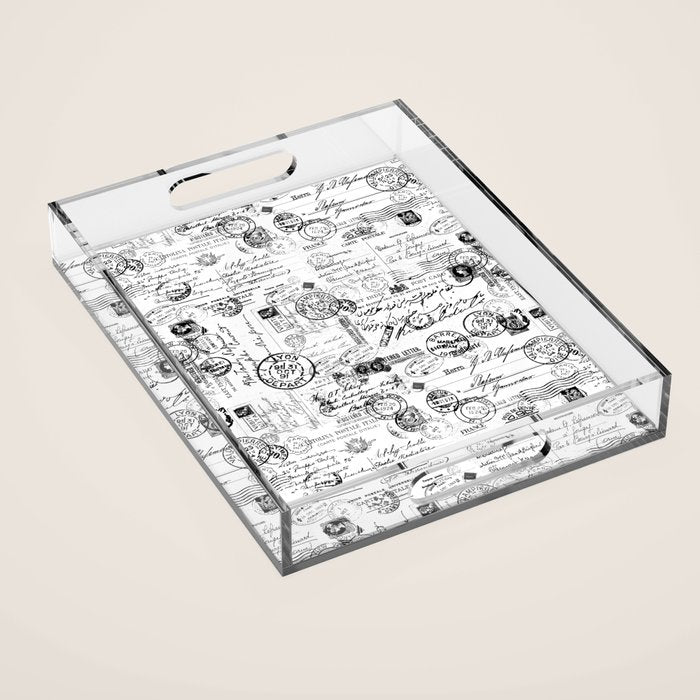 Nostalgic Message Charming Vintage Letters And Postcards Black White Pattern Acrylic Tray Gallery Image 1