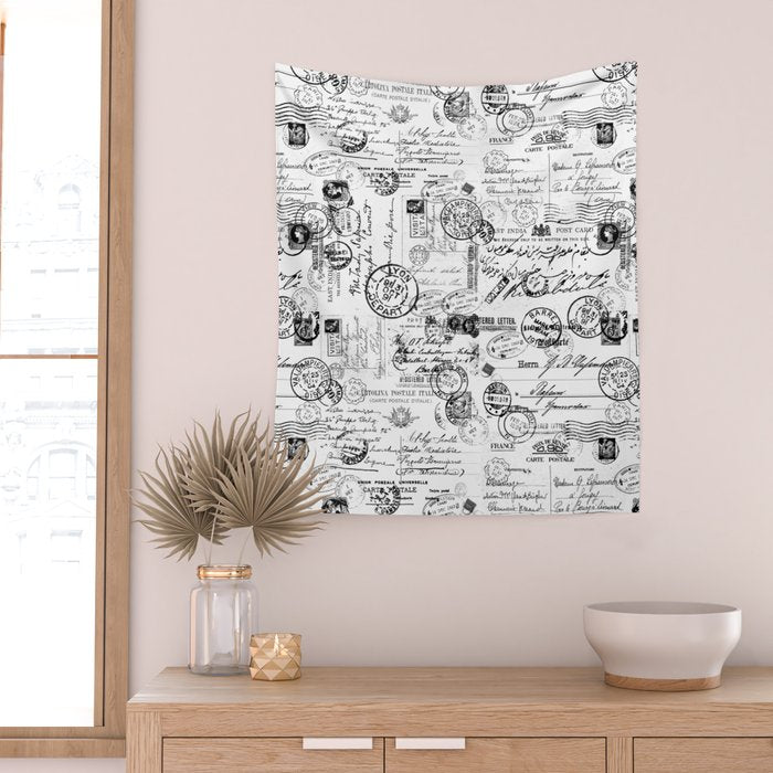 Nostalgic Message Charming Vintage Letters And Postcards Black White Pattern Wall Tapestry Gallery Image 2