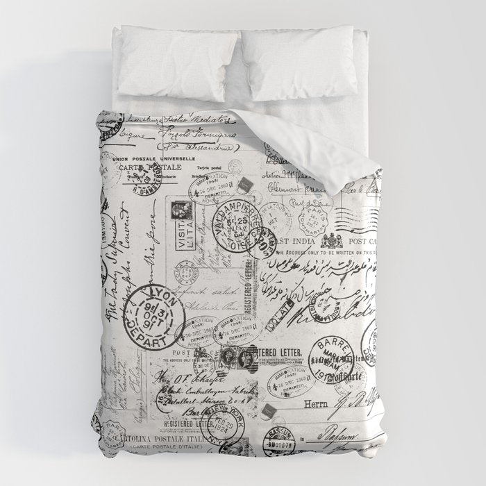 Nostalgic Message Charming Vintage Letters And Postcards Black White Pattern Duvet Cover Gallery Image 1