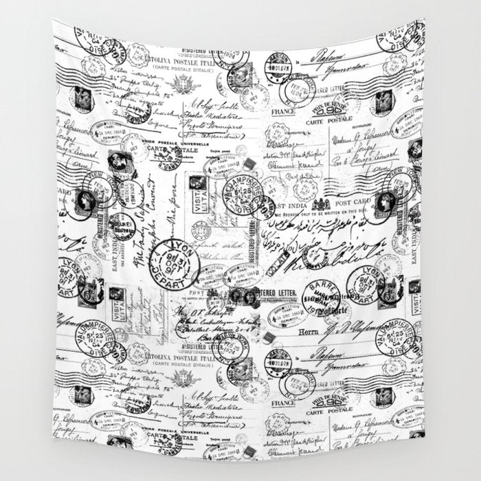 Nostalgic Message Charming Vintage Letters And Postcards Black White Pattern Wall Tapestry Gallery Image 4
