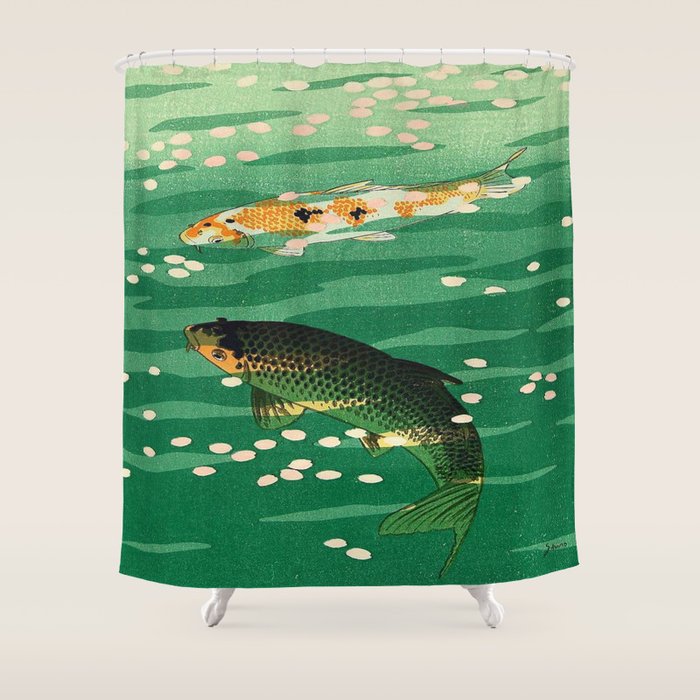 Vintage Japanese Woodblock Print Asian Art Koi Pond Fish Turquoise Green Water Cherry Blossom Shower Curtain Gallery Image 1