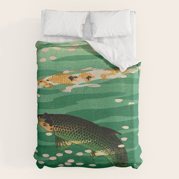Vintage Japanese Woodblock Print Asian Art Koi Pond Fish Turquoise Green Water Cherry Blossom Duvet Cover Gallery Image 1