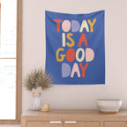 Today is a Good Day in blue red peach pink and mustard yellow Wall Tapestry Gallery Image 2