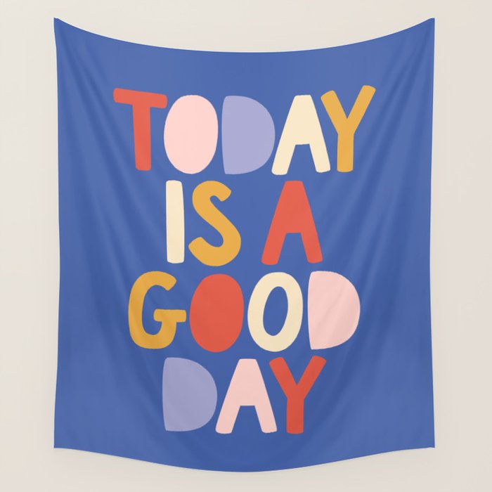 Today is a Good Day in blue red peach pink and mustard yellow Wall Tapestry Gallery Image 4