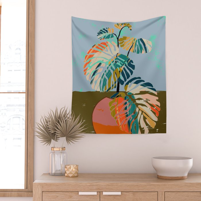 colorful monstera leaves Wall Tapestry Gallery Image 2