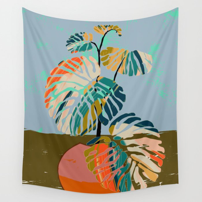 colorful monstera leaves Wall Tapestry Gallery Image 4