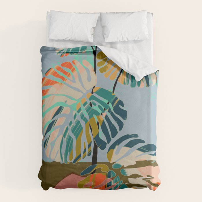 colorful monstera leaves Duvet Cover Gallery Image 1
