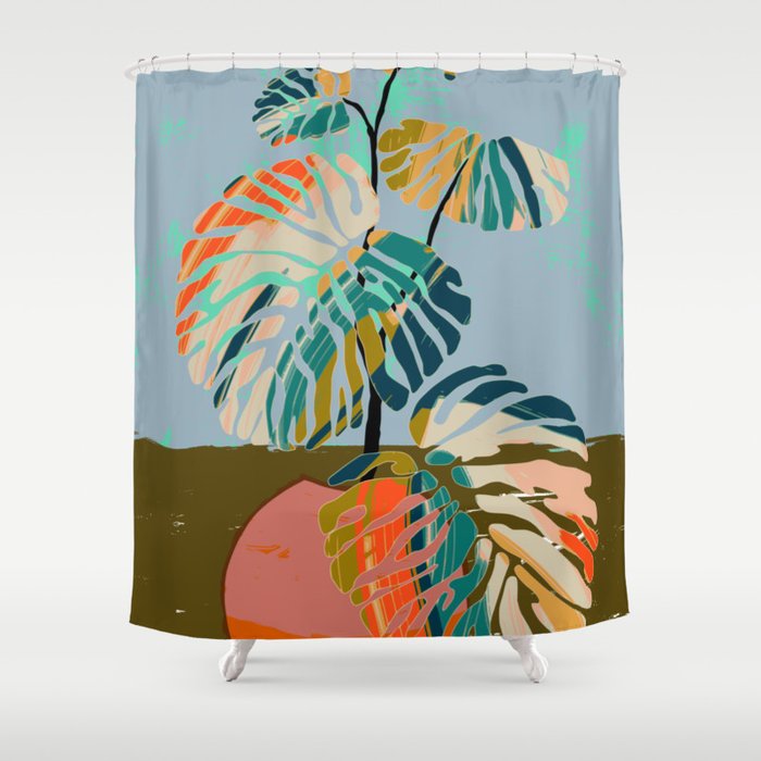 colorful monstera leaves Shower Curtain Gallery Image 1