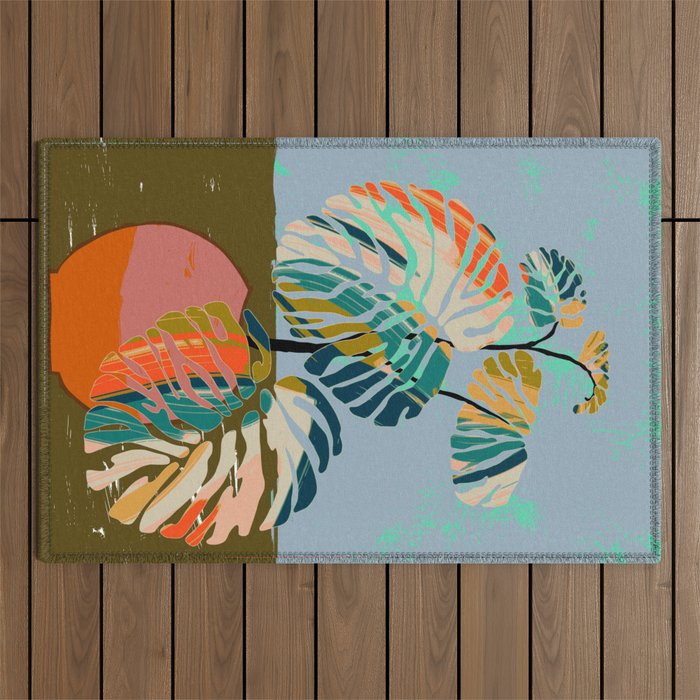 colorful monstera leaves Outdoor Rug Gallery Image 1