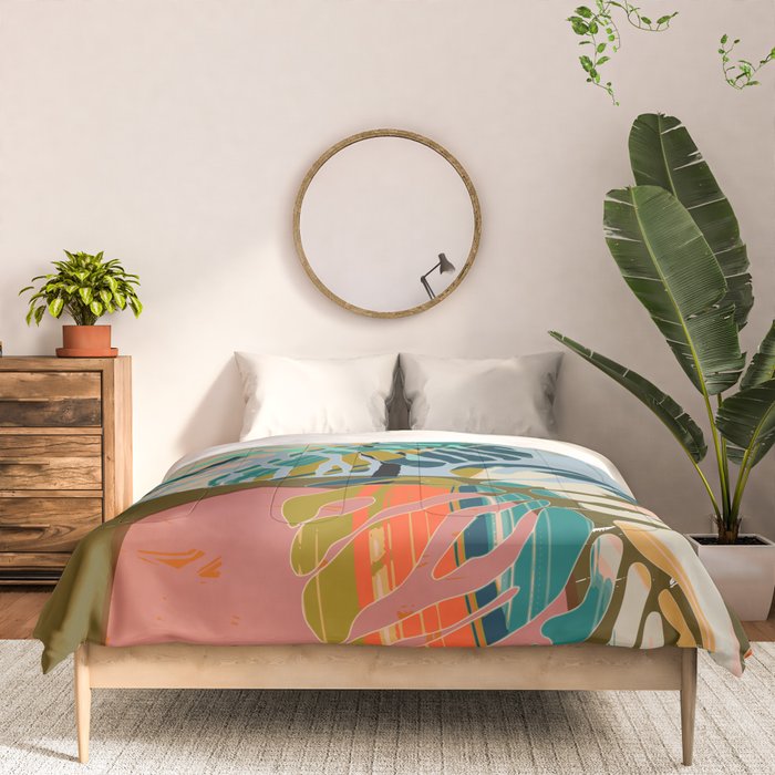 colorful monstera leaves Comforter Gallery Image 3
