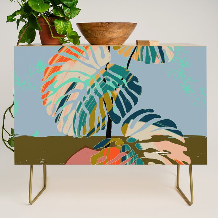 colorful monstera leaves Credenza Gallery Image 1