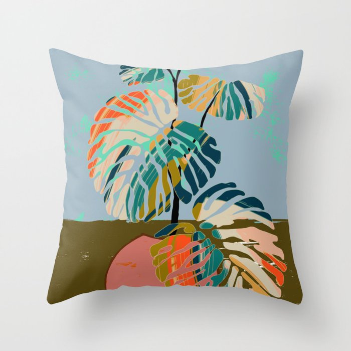 colorful monstera leaves Throw Pillow Gallery Image 6