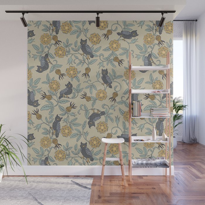 Tudor Owls in Grey Wall Mural Gallery Image 1