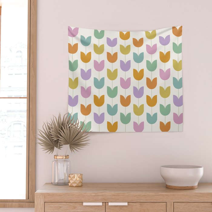 Spring Tulips X Rainbow Mid Century Flowers Wall Tapestry Gallery Image 2