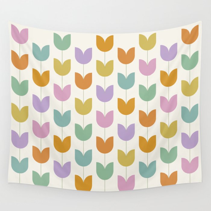 Spring Tulips X Rainbow Mid Century Flowers Wall Tapestry Gallery Image 4