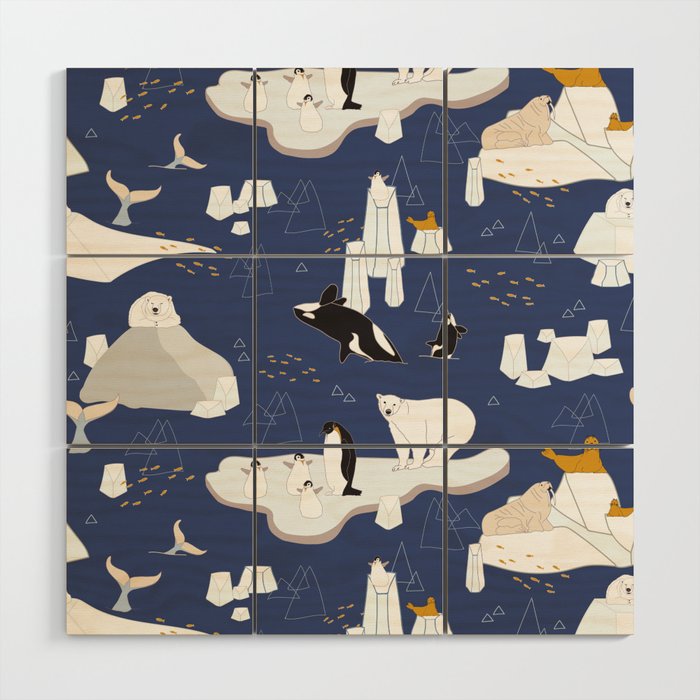 Arctic animals floating on icebergs Wood Wall Art Gallery Image 1
