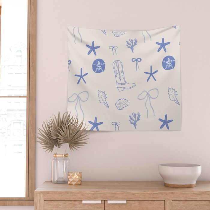 Coastal Cowgirl | Beachy Blue Seashells & Boots Wall Tapestry Gallery Image 2