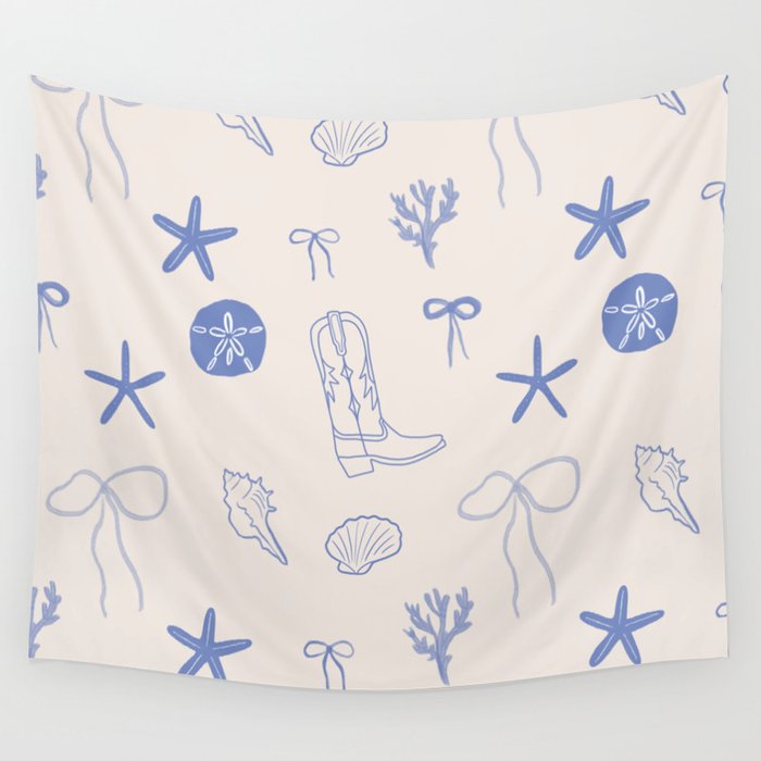 Coastal Cowgirl | Beachy Blue Seashells & Boots Wall Tapestry Gallery Image 4