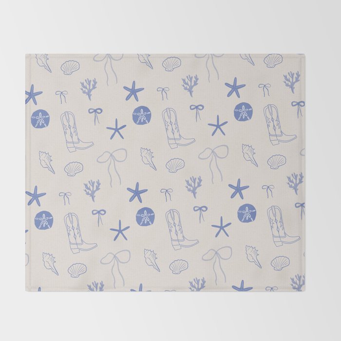 Coastal Cowgirl | Beachy Blue Seashells & Boots Throw Blanket Gallery Image 2