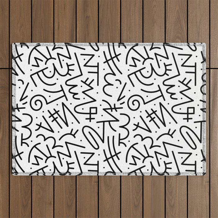 Abstract black and white line doodle pattern Outdoor Rug Gallery Image 1