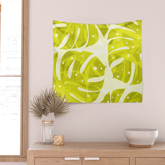 Lime Green Monstera Leaves Light Background #decor #society6 #buyart Wall Tapestry Gallery Image 2