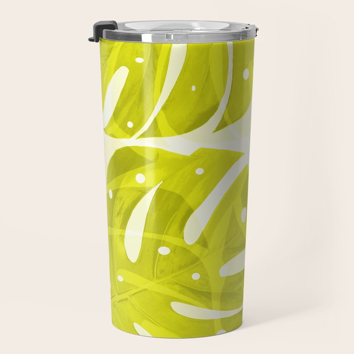 Lime Green Monstera Leaves Light Background #decor #society6 #buyart Travel Mug Gallery Image 3