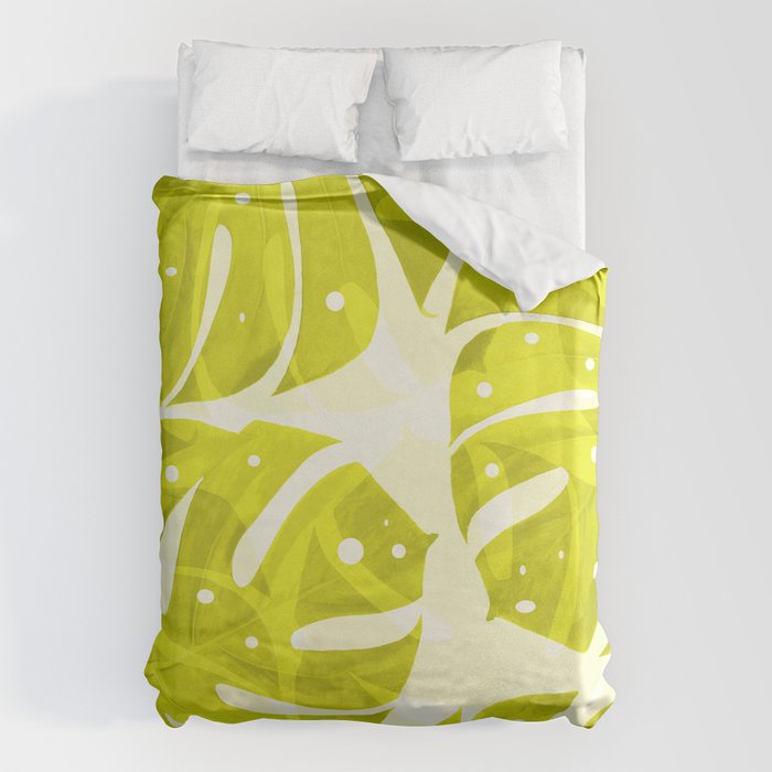 Lime Green Monstera Leaves Light Background #decor #society6 #buyart Duvet Cover Gallery Image 1