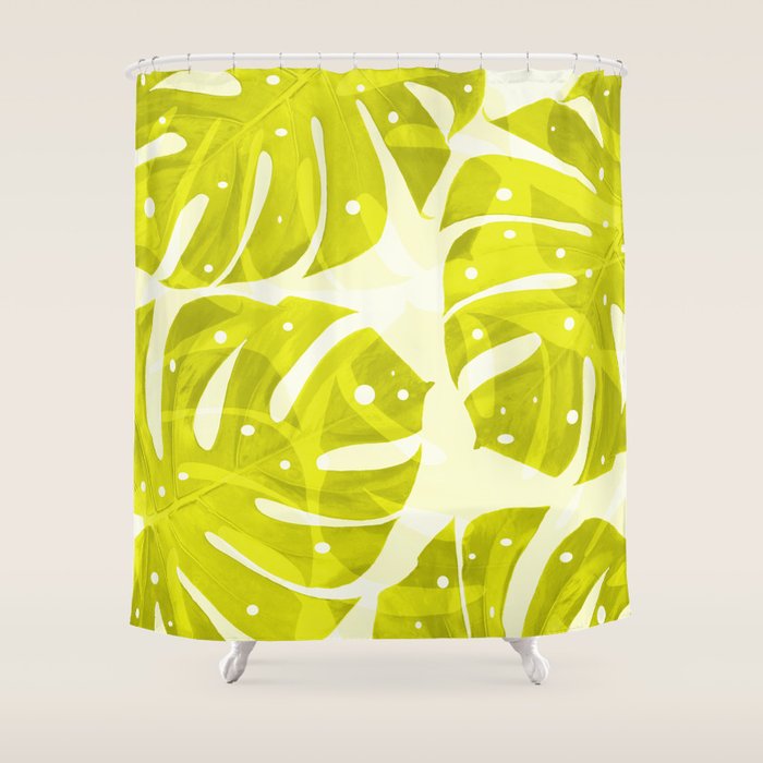 Lime Green Monstera Leaves Light Background #decor #society6 #buyart Shower Curtain Gallery Image 1