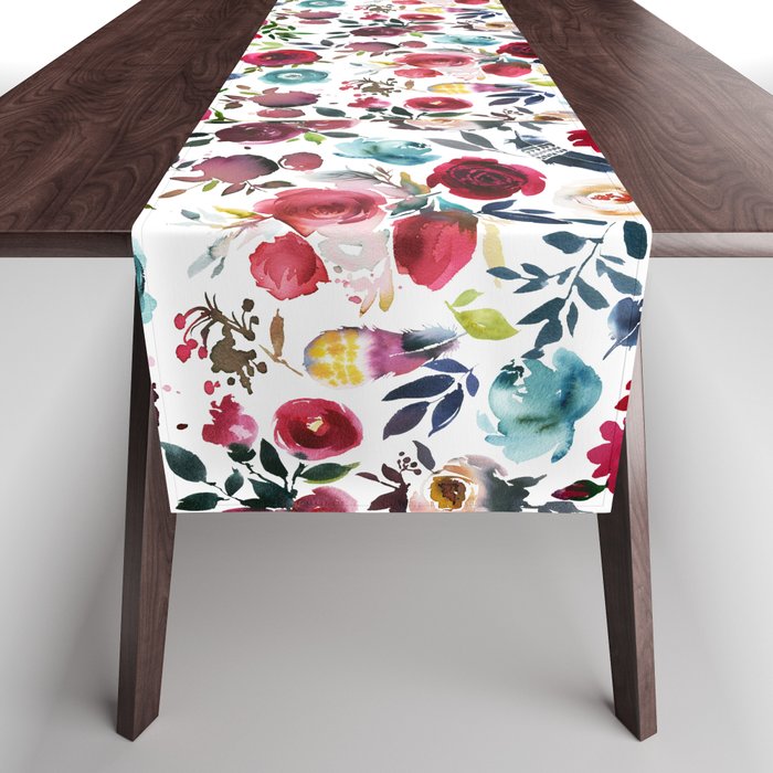 Burgundy pink teal blue watercolor boho floral Table Runner Gallery Image 1