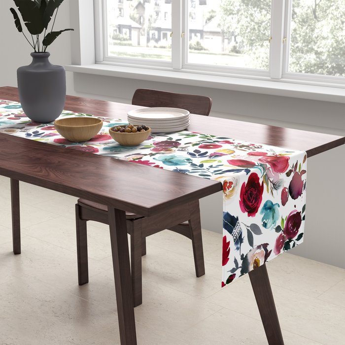 Burgundy pink teal blue watercolor boho floral Table Runner Gallery Image 2