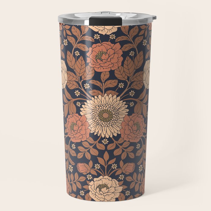Peach, Dusty Rose, Mauve & Blue-Gray Floral Pattern Travel Mug Gallery Image 1