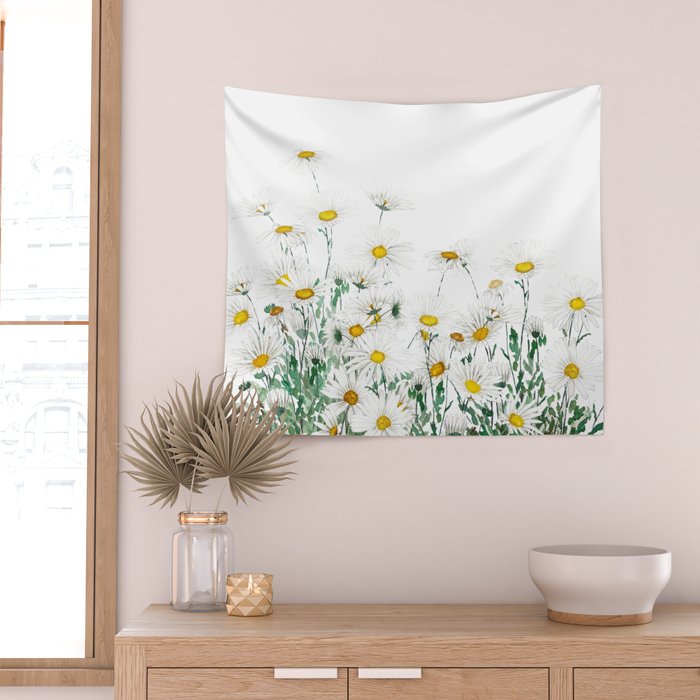 white margaret daisy horizontal watercolor painting Wall Tapestry Gallery Image 2