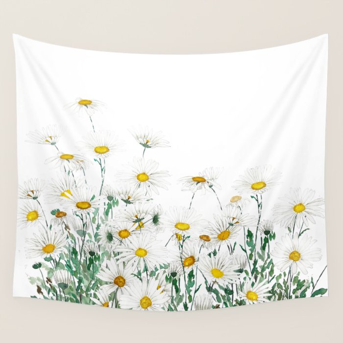 white margaret daisy horizontal watercolor painting Wall Tapestry Gallery Image 4