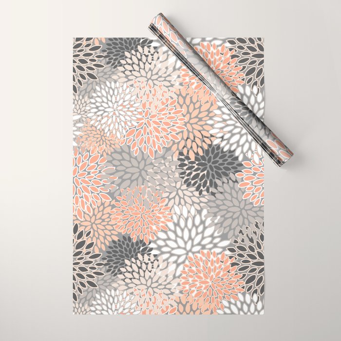 Flowers Abstract Print, Coral, Peach, Gray Wrapping Paper Gallery Image 1