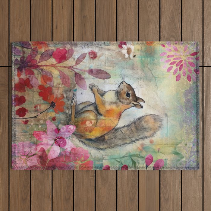 Colorful Squirrel Garden Indian Summer Flora And Wildlife Outdoor Rug Gallery Image 1