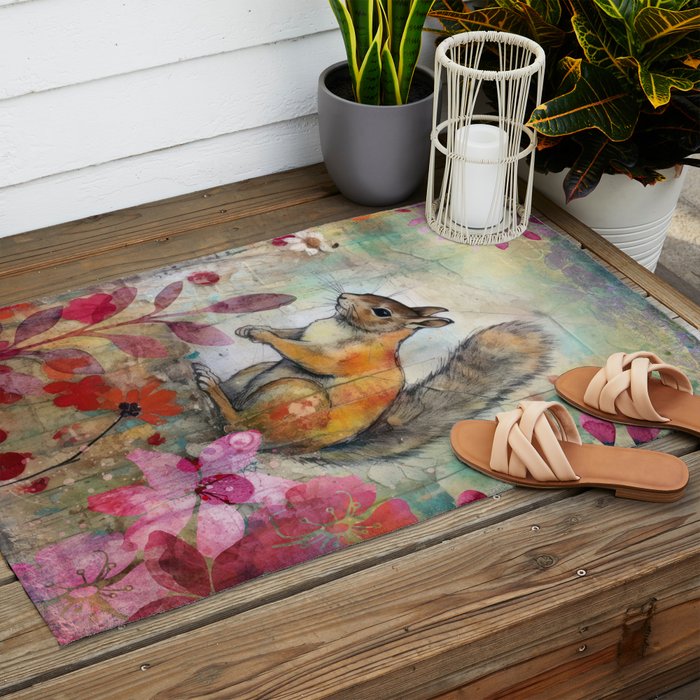 Colorful Squirrel Garden Indian Summer Flora And Wildlife Outdoor Rug Gallery Image 2