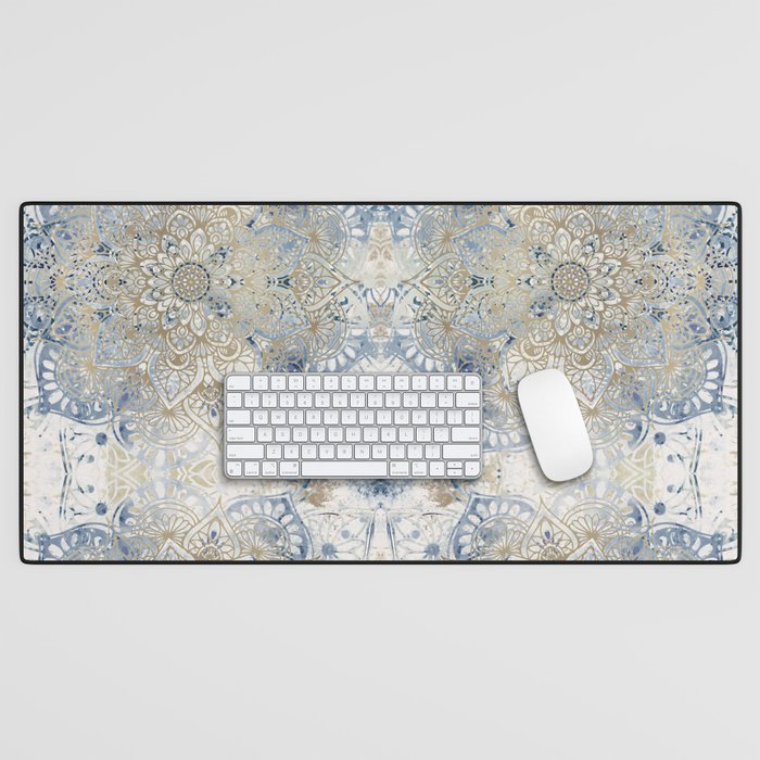 Mandala Flower, Blue and Gold, Floral Prints Desk Mat Gallery Image 1