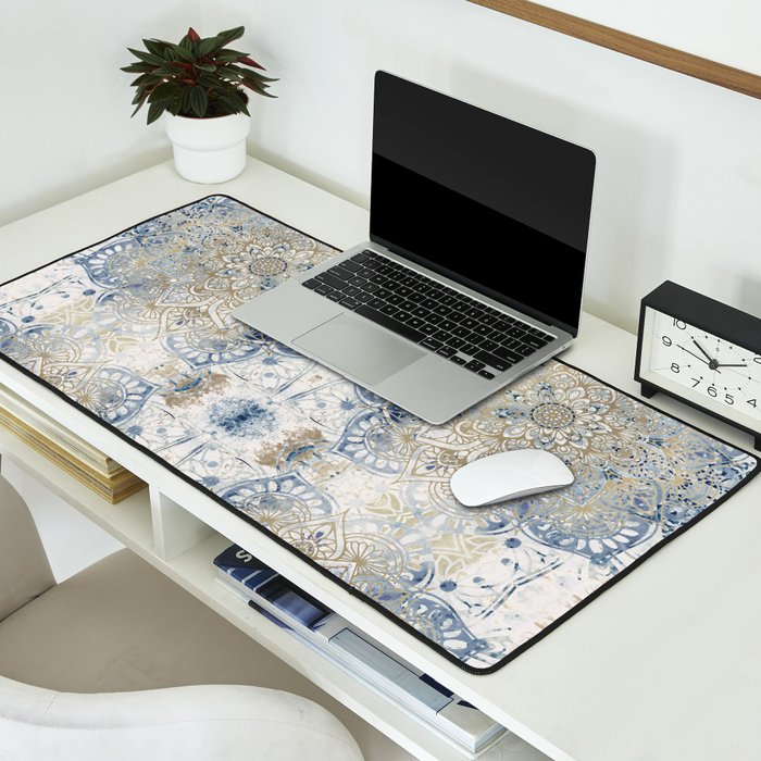 Mandala Flower, Blue and Gold, Floral Prints Desk Mat Gallery Image 2