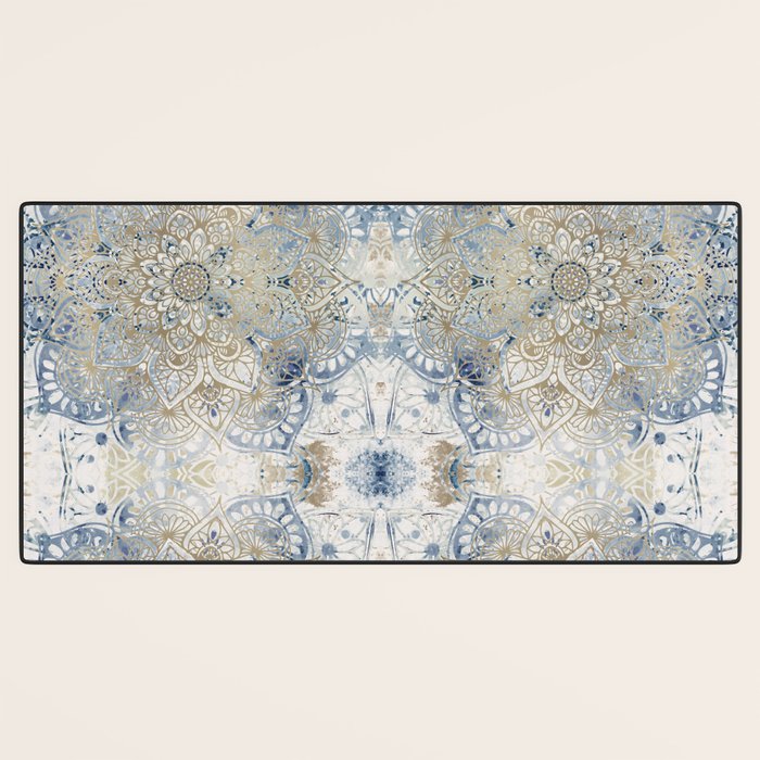 Mandala Flower, Blue and Gold, Floral Prints Desk Mat Gallery Image 3