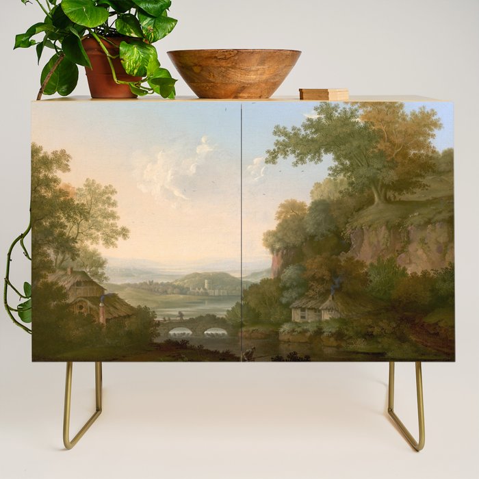 River Valley Antique Oil Painting Credenza Gallery Image 1