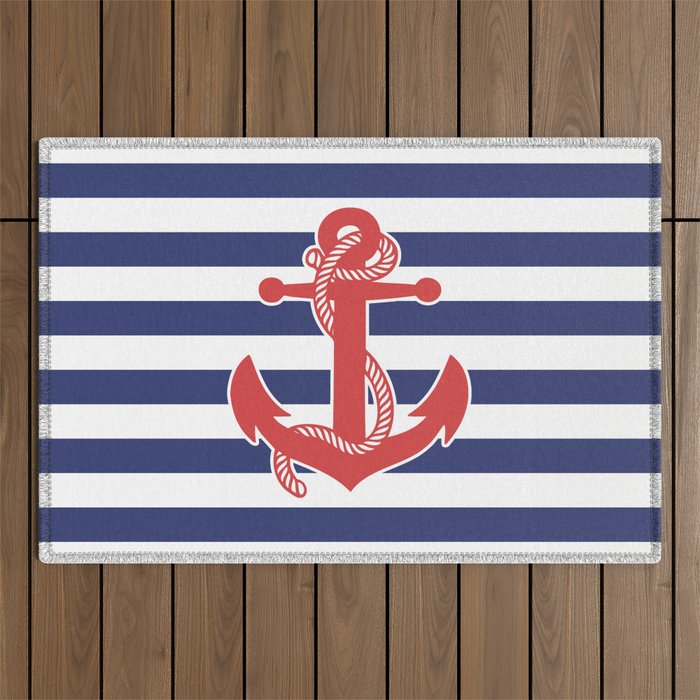 Retro Navy Anchor and Stripes Pattern 222 Red White and Blue Outdoor Rug Gallery Image 1